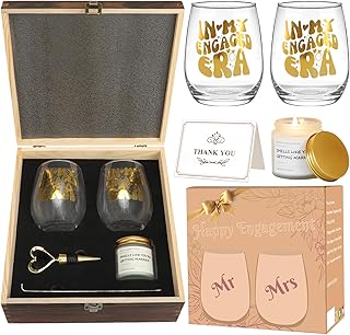 Mr and Mrs Wine Glasses Set of 2, Champagne Flutes Wedding Gifts for Engagement Bride Shower Couples Newlyweds Anniversary Wine Stopper Engaged Candle with Wooden Keepsake Box