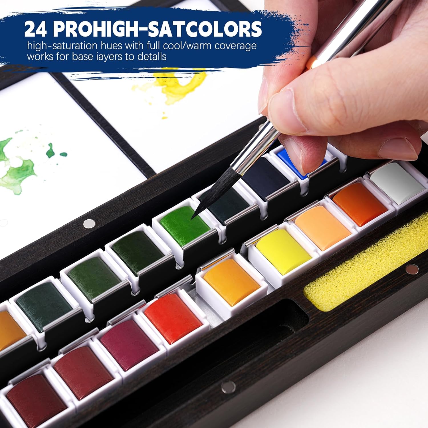 Fuumuui Watercolor Paint Set, 24 Watercolor Paints with Dual Tip Travel Watercolor Brushes Wooden Palette, Art Supplies for Painting, Travel Watercolor Set, Amateur Hobbyists