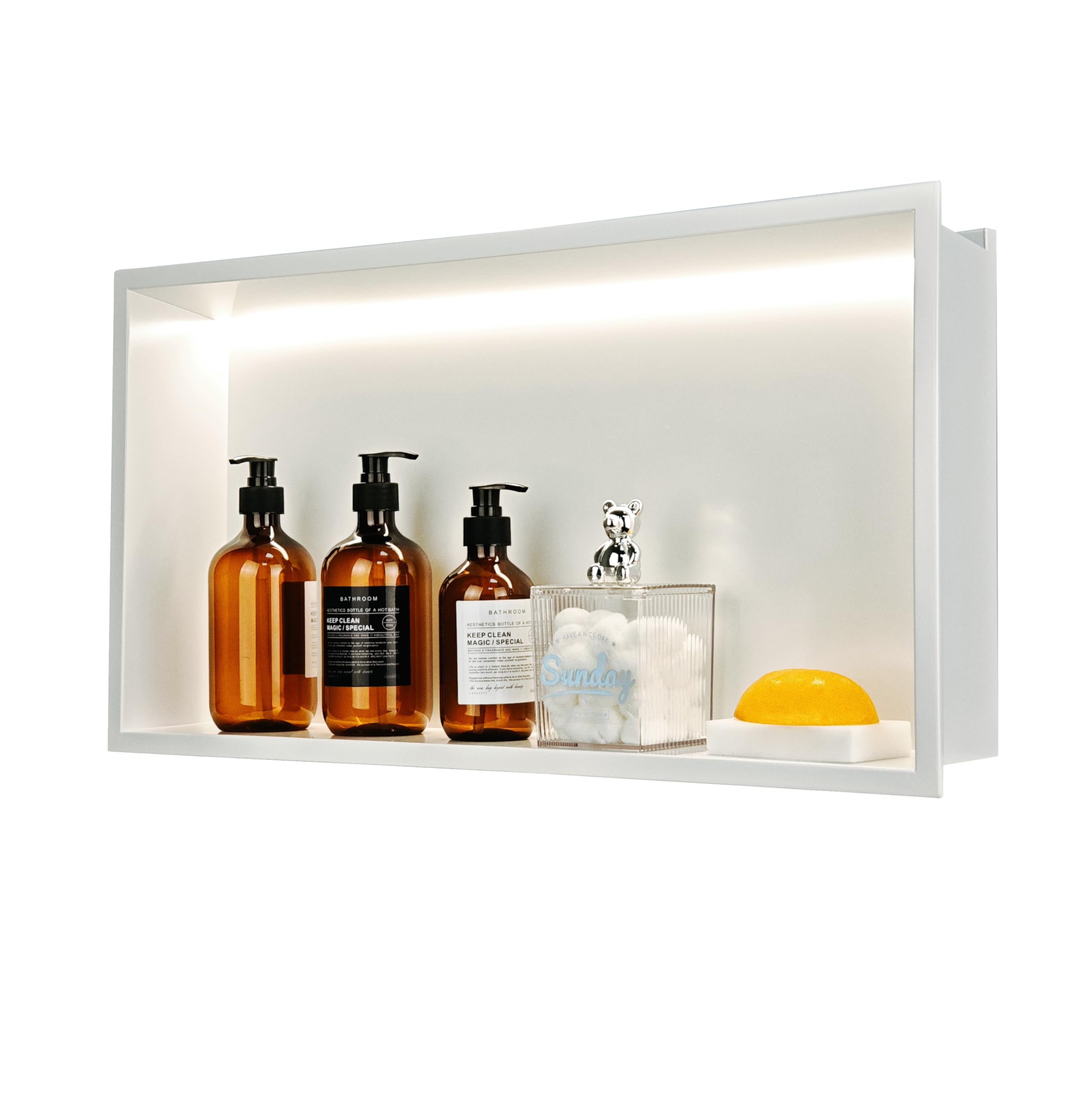 IKITRAEE 24x12 Lighted Shower Niche Stainless Steel Waterproof Shower Storage with Lighting No Tile Needed Matte White 24