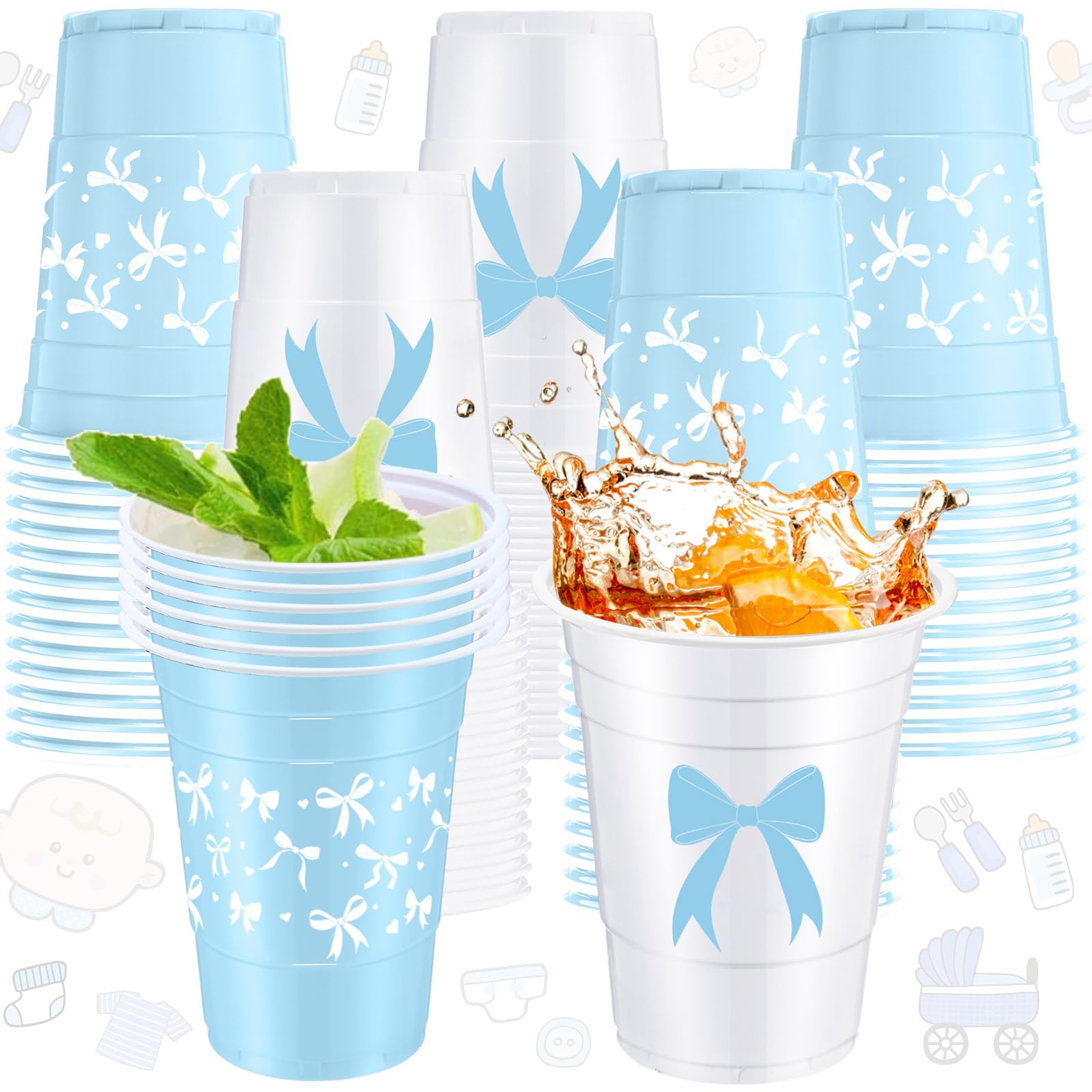 Jingmore 30 Pcs Baby Blue Bow Plastic Cups 16 oz Coquette Birthday Cup Disposable in 2 Style Coquette Bow Party Decoration Supplies for Birthday Wedding Baby Shower Bridal Engagement