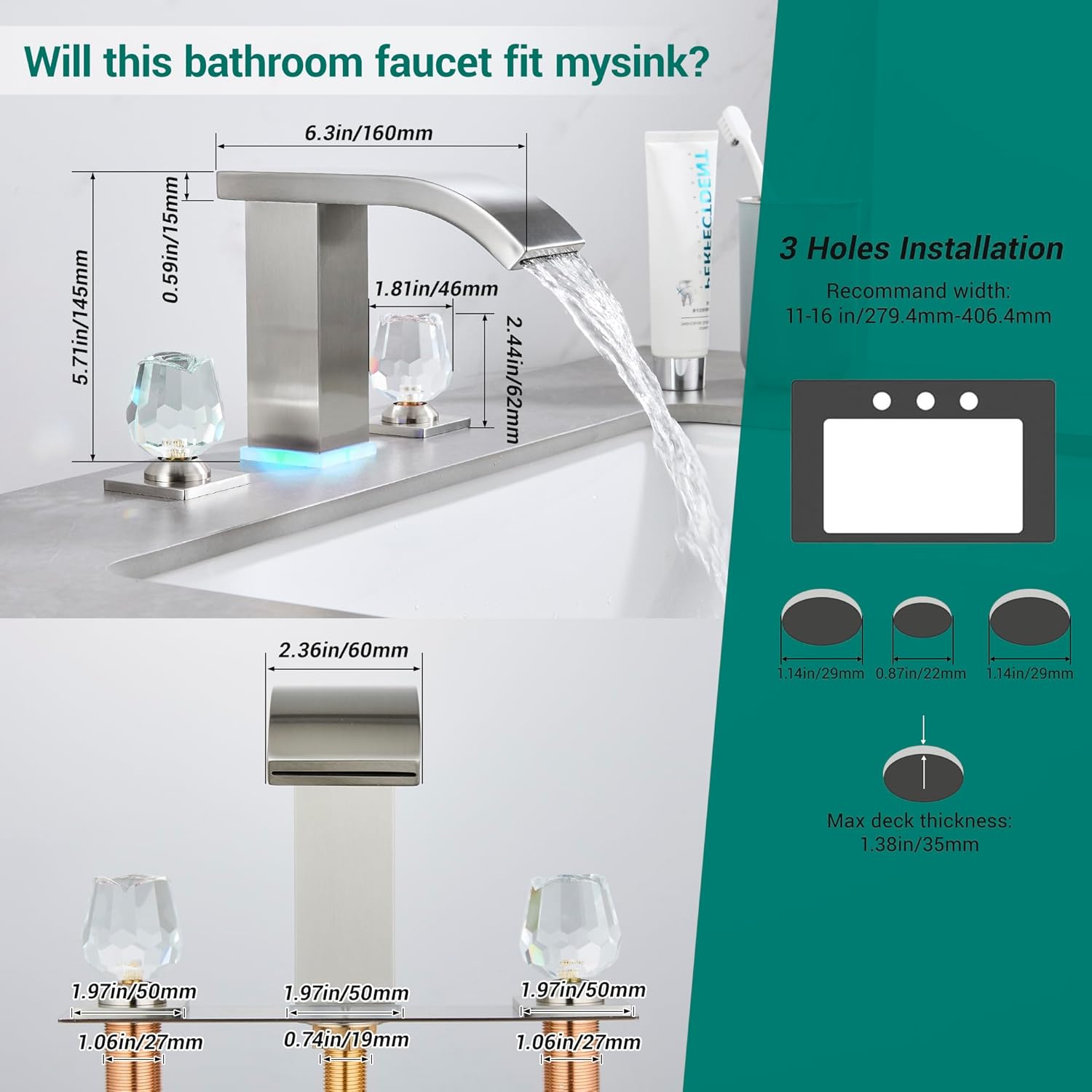 Bathroom faucets 3 Hole Widespread Brushed Nickel Bathroom Sink Faucet 8 inch LED Light Modern 3 Hole Vanity Faucet Bathroom with Pop Up Drain (Brushed Nickel)