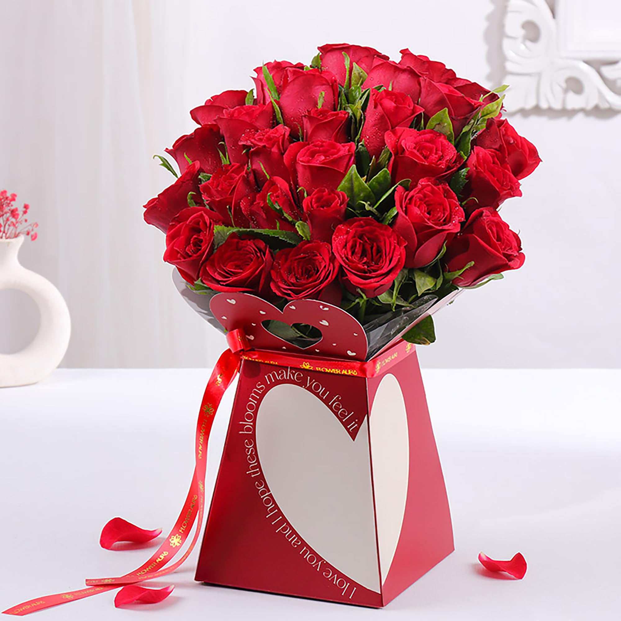 floweraura romantic fresh live flower bouquet of 24 red roses in designer fa love box gift for birthday | anniversary | love surprise | rose day | valentine's day (same day delivery)