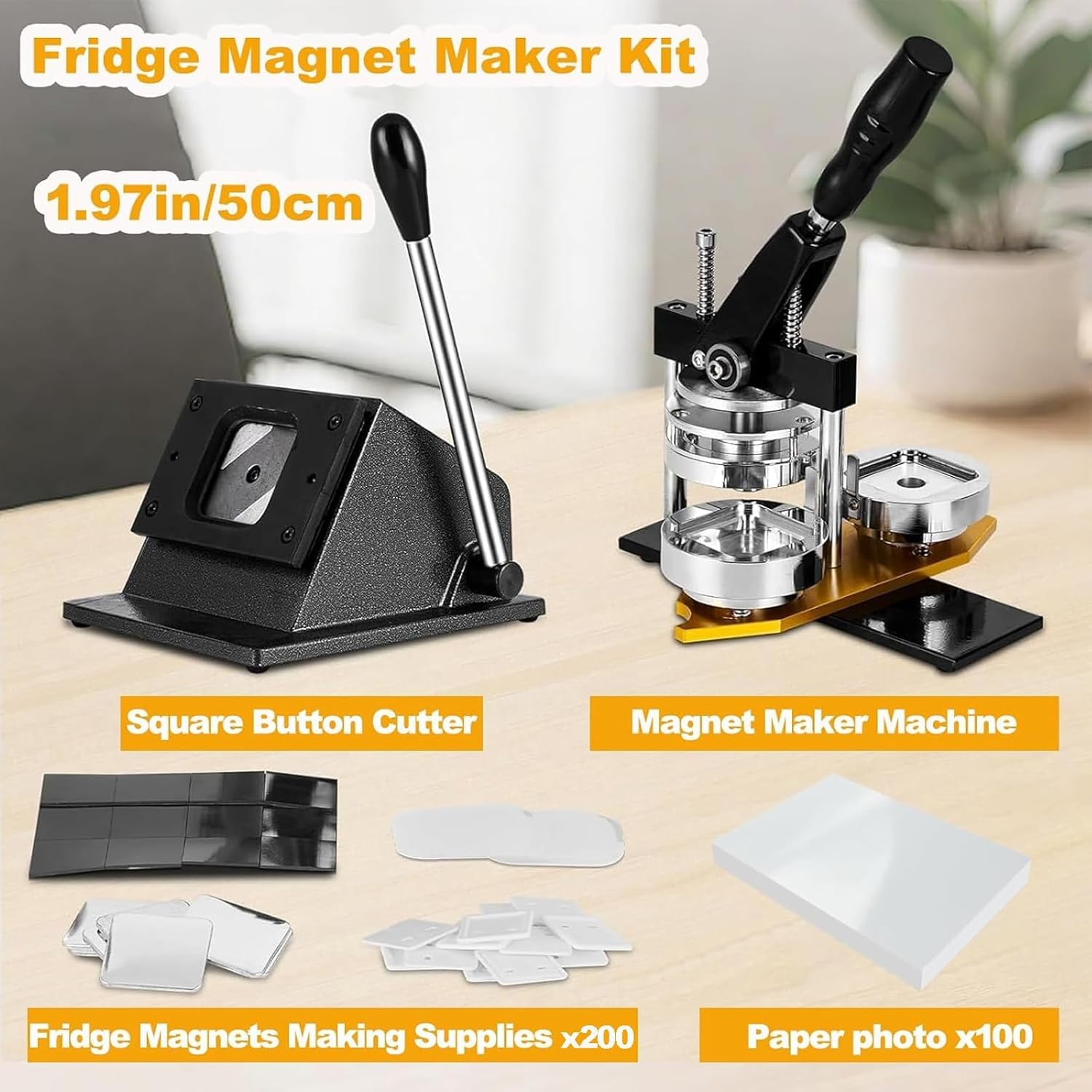 DIY Abzeichenmaschine & Magnet-Set, 2x2 Zoll Foto-Magnetpresse mit Papierschneider und 100 Teilen. Komplettes Bastelset für personalisierte Geschenke, Souvenirs und Heimwerkerprojekte