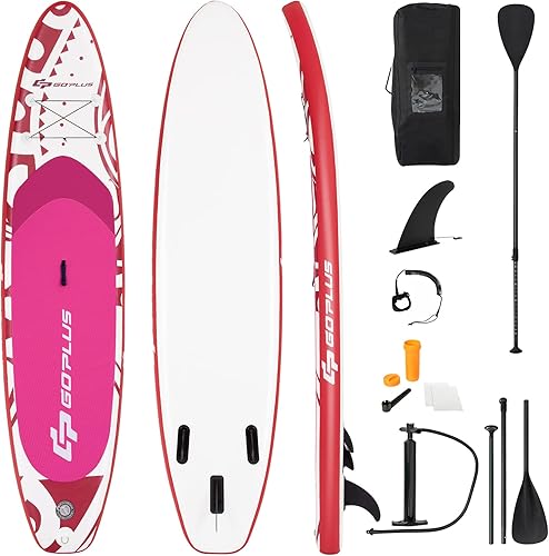 Goplus Tabla de remo inflable de pie, SUP de 10 pies con paquete de accesorios, paleta ajustable, bolsa de transporte, aleta inferior, bomba de