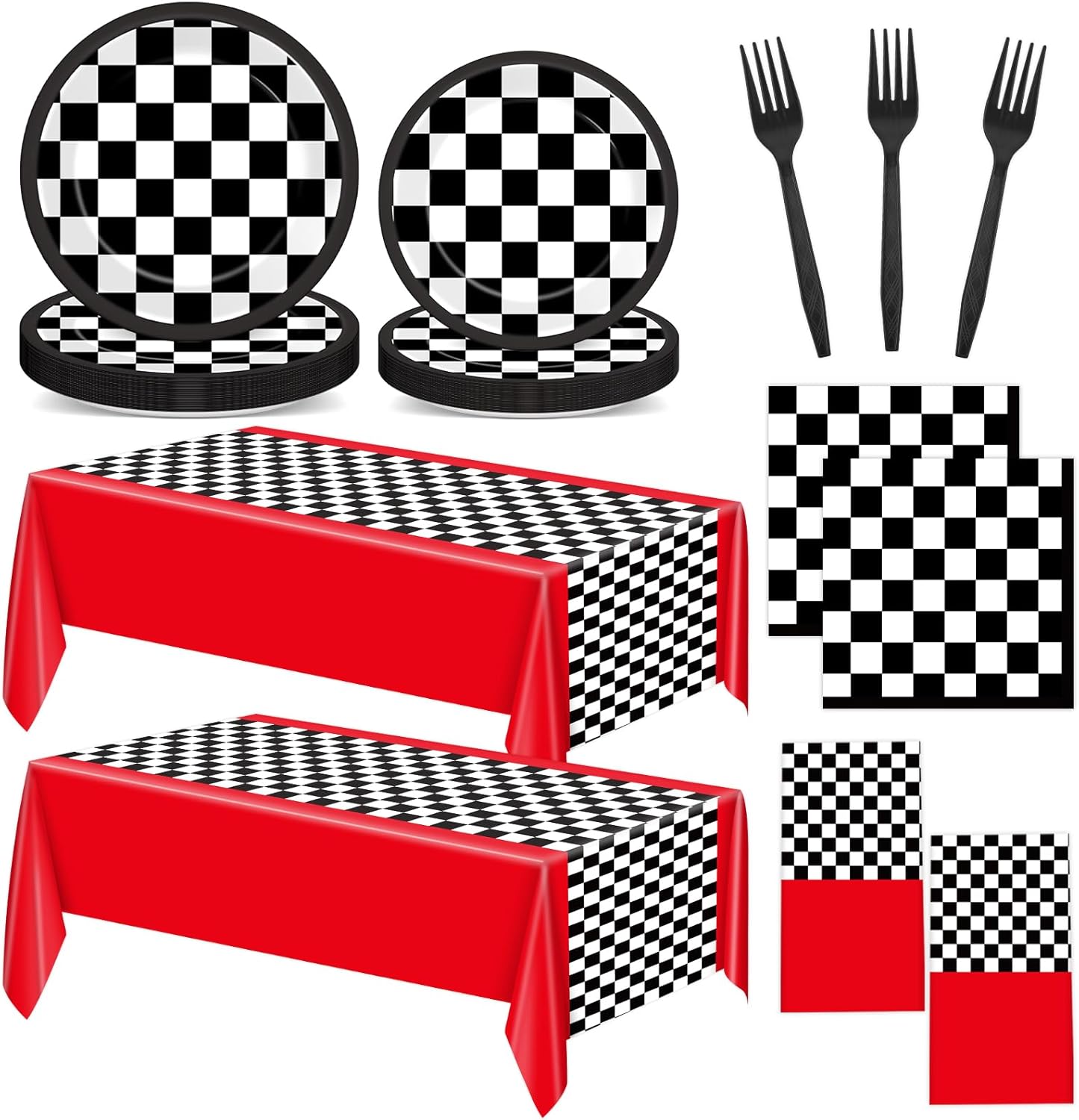 98 PCS Racing Car Theme Party Tableware Set Checkered Race Car Plates Napkins Tablecloth Forks Race Car Birthday Party Supplies Package Decorations Game Day Holiday Events Serves 24 Guests (Red)