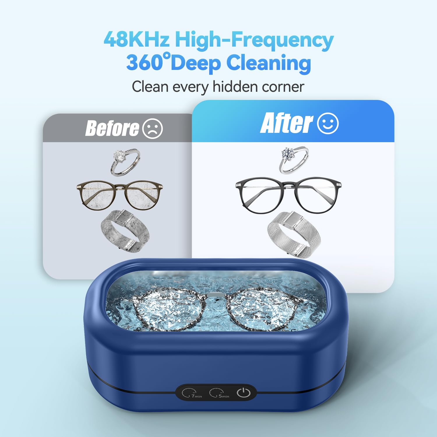 BYASKZIV Ultrasonic Jewelry Cleaner, Upgraded 48KHz Jewelry Cleaner Ultrasonic Machine with 304 Stainless Steel Tank for Eyeglasses, Rings, Watch Strap, Dentures, Dual Cleaning Modes - Dark Blue