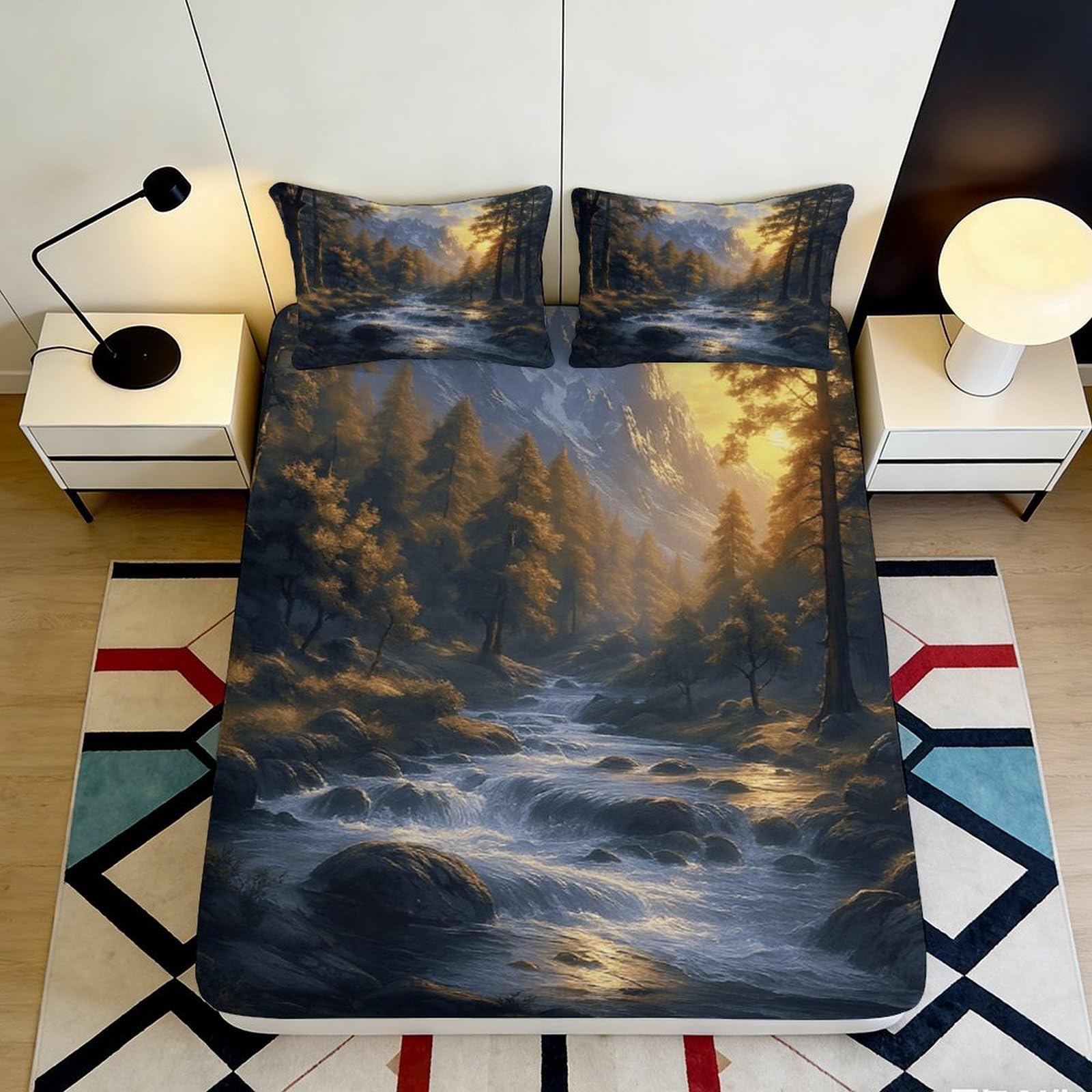 3D Printed Mountain Forest Fitted Sheet Microfiber Soft River Sunrise Mattress Cover for Bedroom Dorm Decor 120x200cm 90x200x25cm