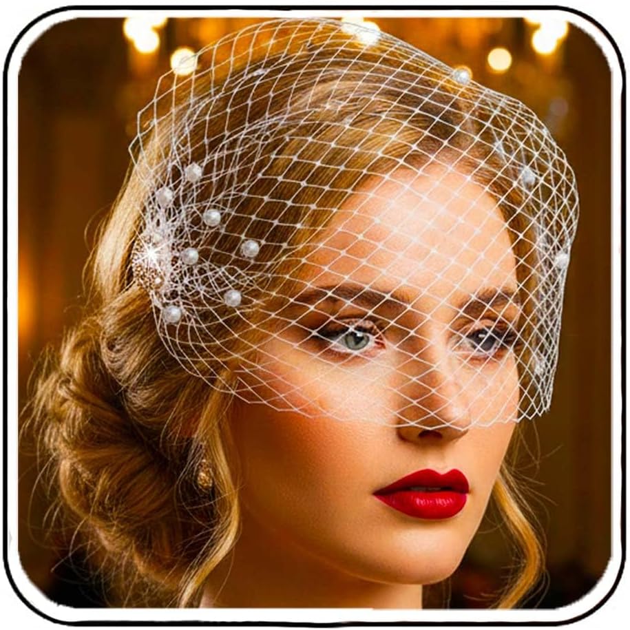 1920s Pearl Bride Wedding Birdcage Veil White Crystal Bridal Headpiece Accessories with Comb for Women and Girls
