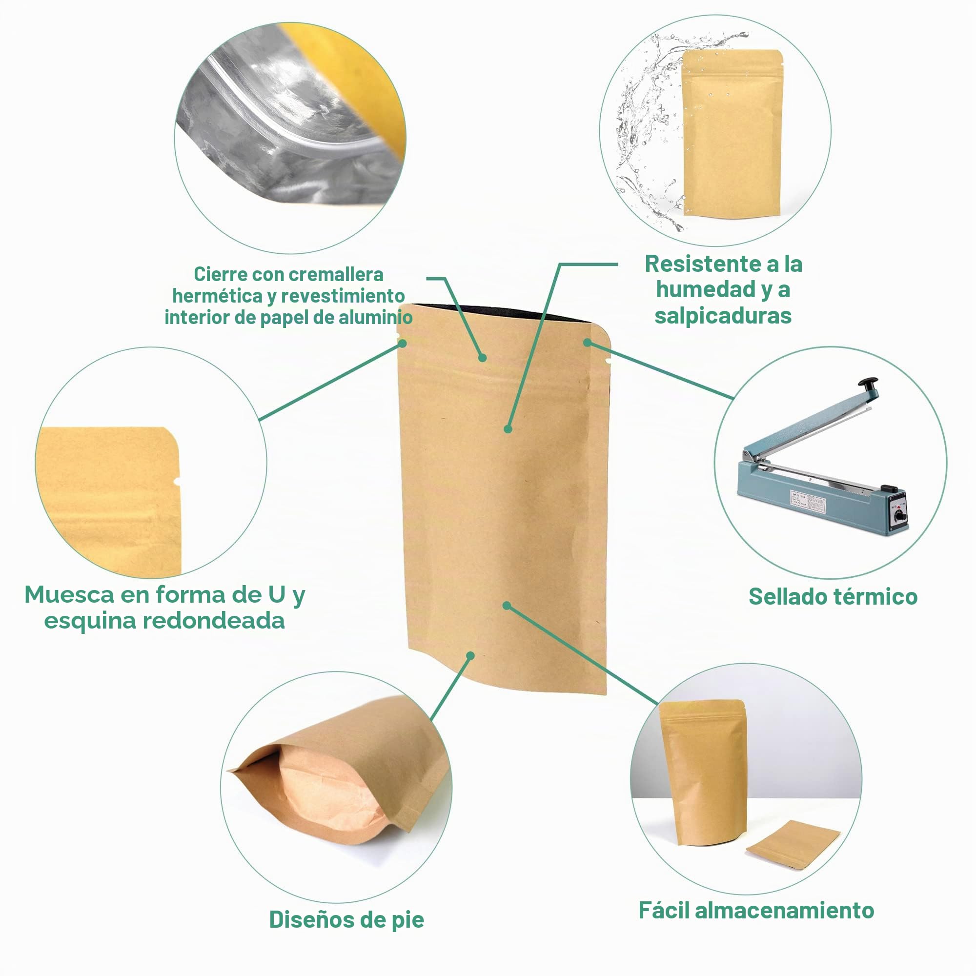 Evergreen Goods Bolsas Reutilizables de Kraft Marrón Grado Alimenticio (180 x 300 x 50 mm) Forradas de Papel, Bolsas con Cremallera | Bolsas de Embalaje para Café en Grano y Aperitivos | 100 Bolsas