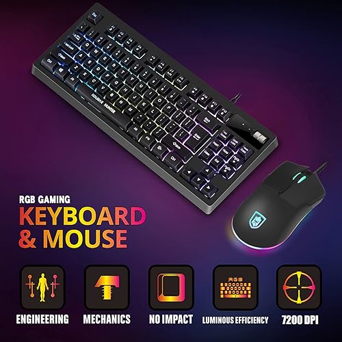 Miniatura 6 de Combo de teclado y mouse RGB para juegos 87 teclas teclado para juegos con cable USB sensación mecánica retroiluminada con 7200 DPI para PC MAC PS4