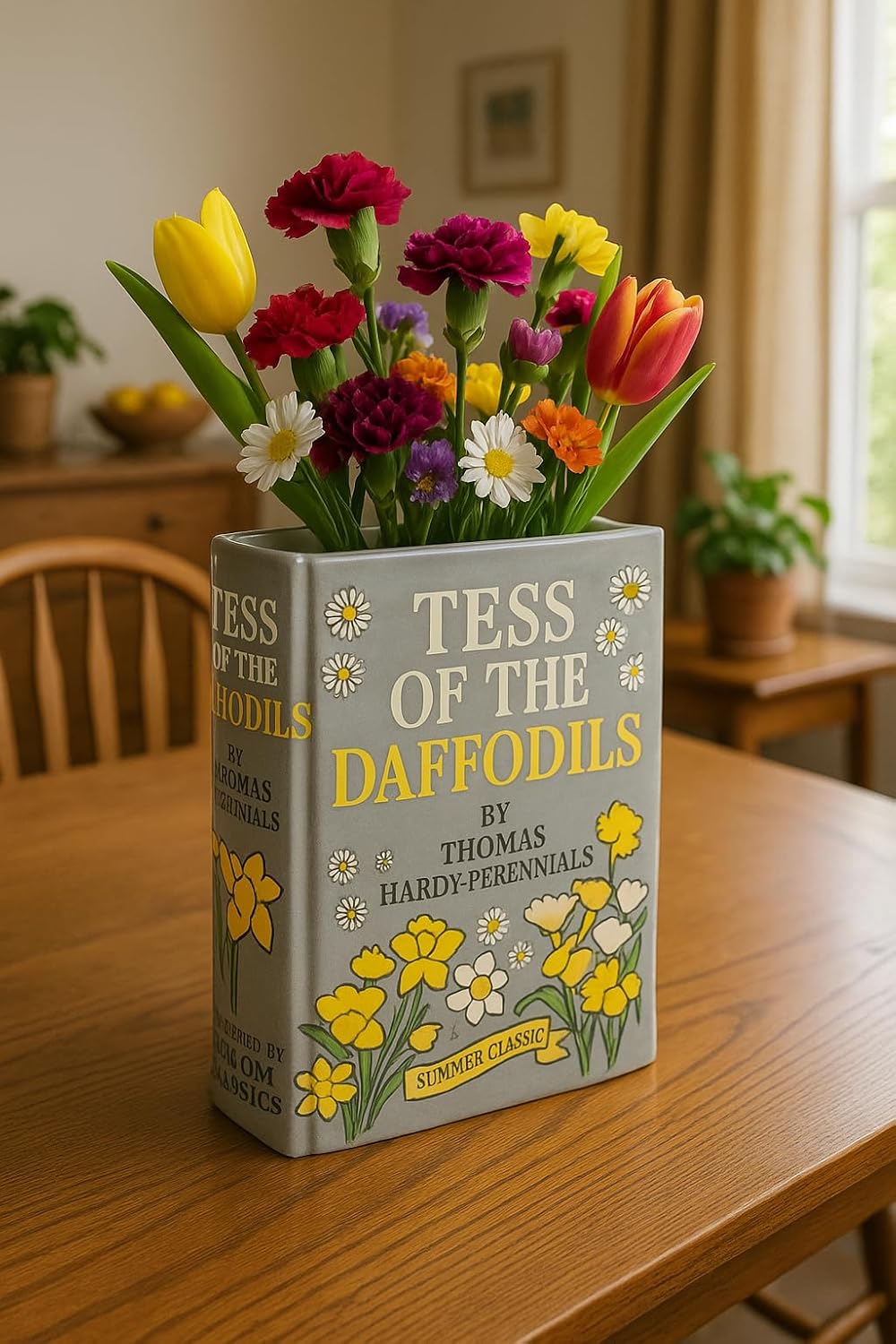 Heaven Sends Ceramic Book Vase – Tess of the Daffodils – Decorative Grey Book-Shaped Vase for Flowers & Home Décor – Unique Gift for Garden Lovers & Bookworms