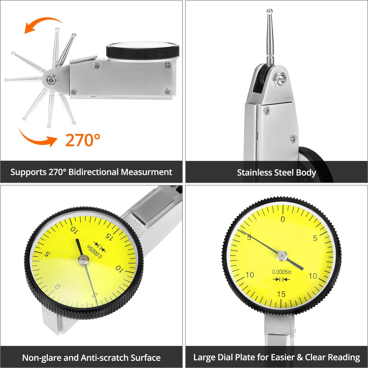 QWORK Dial Test Indicator, Narrow Area Measurement 3/8'' and 5/32'' Steel Dovetail Clamps, 0.030" Test Indicator 0. 0005" GR Dial Reading 0-15-0