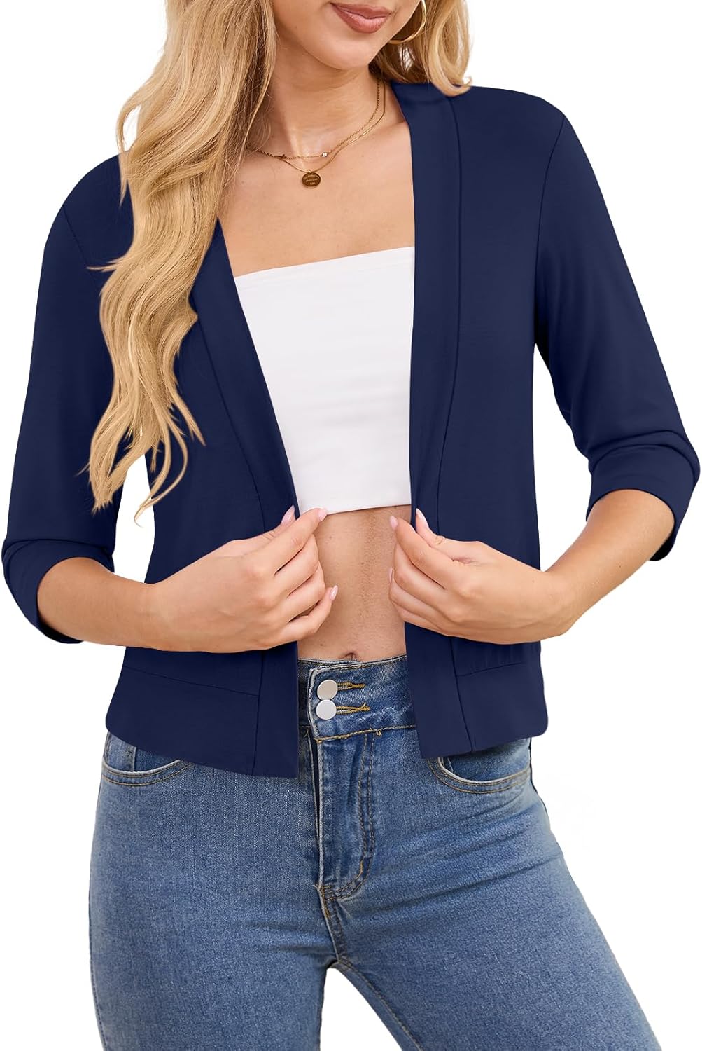 DouBCQ Shrugs for Women 3/4 Sleeve Cropped Cardigan Open Front Lightweight Bolero - Image 2