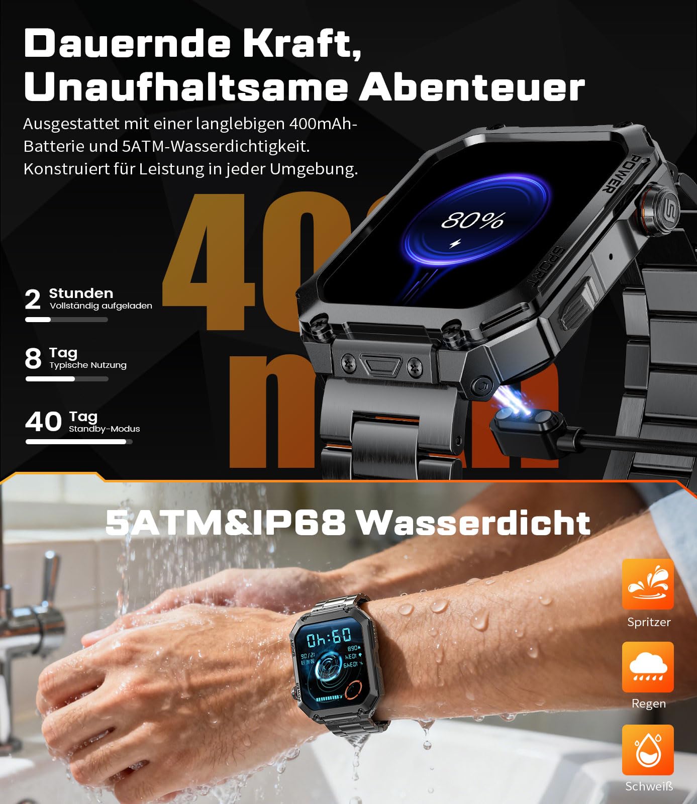 ESFOE Reloj Inteligente Hombre(3 Correas),1.96" Militar Smartwatch Hombre con Llamadas,5ATM Impermeable, 400mAh, 100+ Modos Deportivos/24H Pulsómetro/Sueño/Podómetro Pulsera Actividad Negro Metalizado