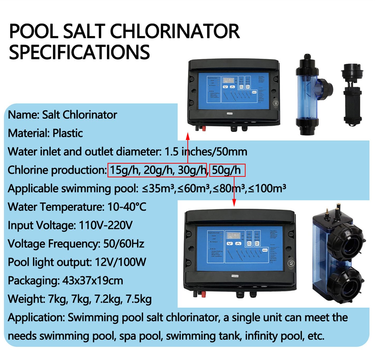 Generatore di clorazione dell'acqua salata per piscine 15/20/30/50 g/h Generatore di cloro SPA Cloratore di sale per piscine con funzione di pulizia automatica,15g/h