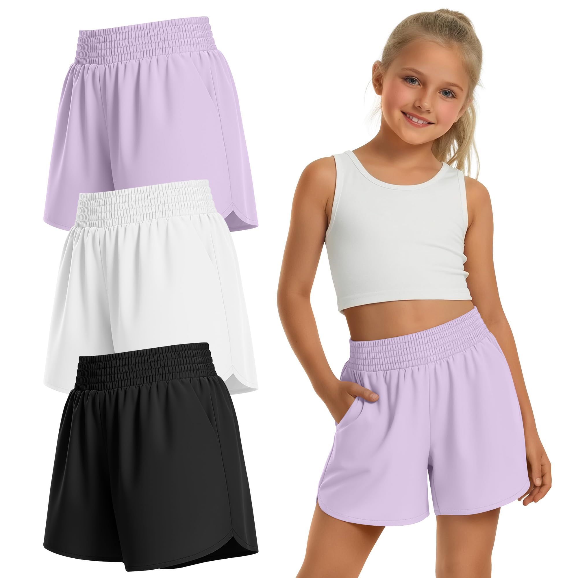 Clabby Confezione da 3 Pantaloncini Sportivi da Bambina con Fodera Interna, Ad Asciugatura Rapida e con Tasche