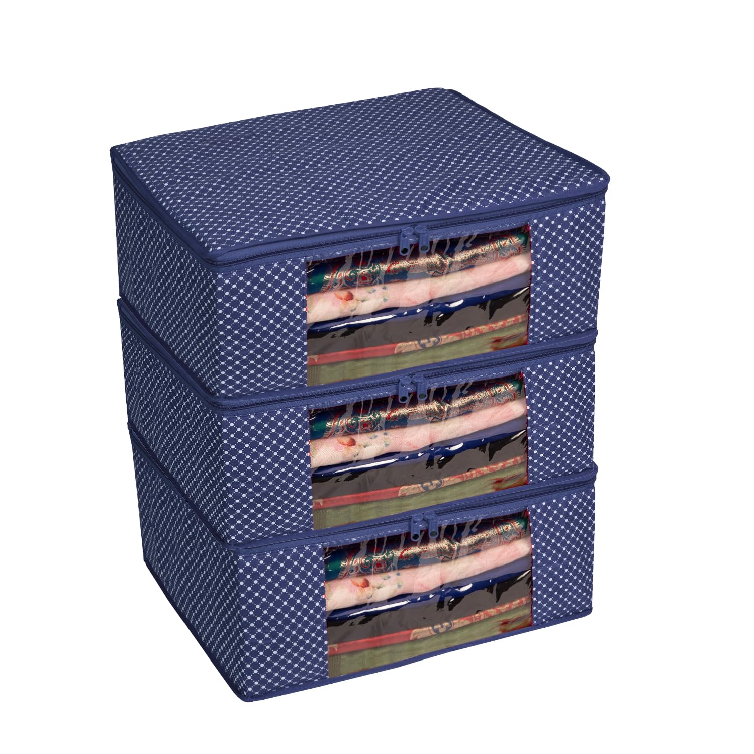 Homestrap Set of 3 Cotton Quilted Saree Covers | 3-Layered Foldable Storage Bags with Transparent Window & Zip | Premium Wardrobe Organizer for Sarees, Lehengas, Dresses | Navy Blue-picture-31