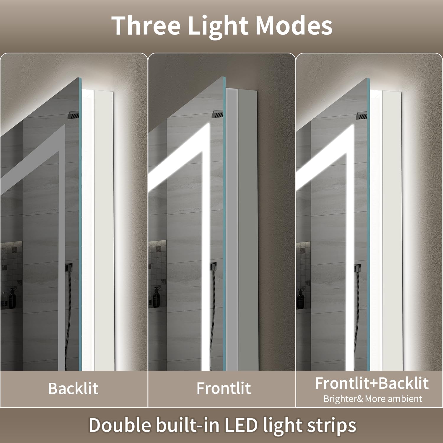 Espejo LED para baño, retroiluminado de 28 x 36 pulgadas + espejo de cambiador de baño con luces para pared, doble tira de luz, 3 colori, a prueba de roturas, antivaho y memoria de brillo