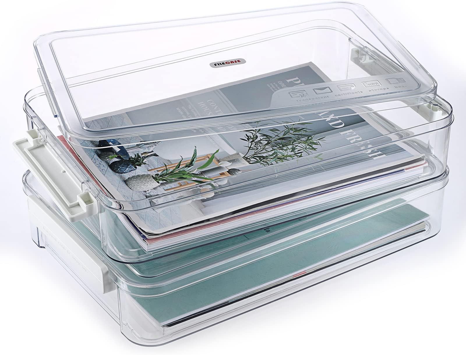 2 Pack Clear Large Size A4 Document Storage Box with White Snap-Tight Lid - PET Files Documents Magazines Notebooks Box Organizer Desk Storage Box Holder