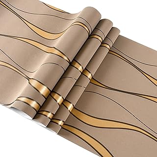 Swehooirt 0.53 m x 9.5 m Taupe Non-Woven Wallpaper Modern Minimalist Wallpaper with 3D Stripes Pattern Gold Light Shiny - ...