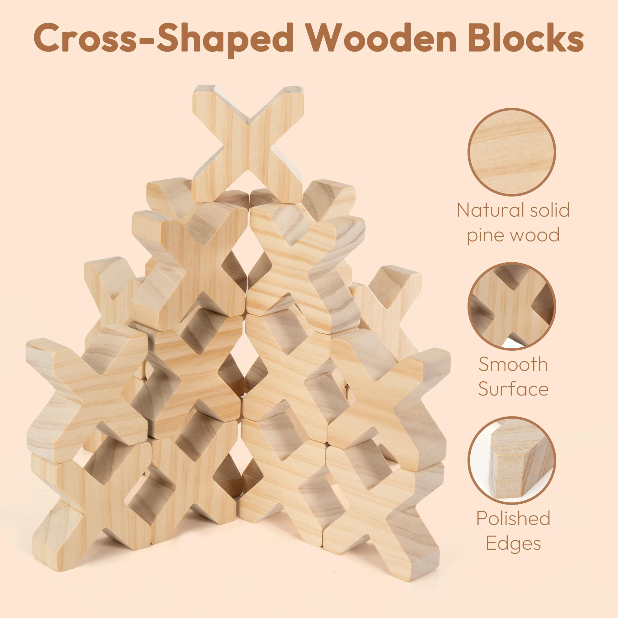 Woodtoe Holzbausteine für Kinder, 48 Stück Regenbogen-Acryl-Edelstein-Würfel, 32 Holzblöcke, Montessori Stapelspielzeug für Kleinkinder, sensorisches Spielzeug