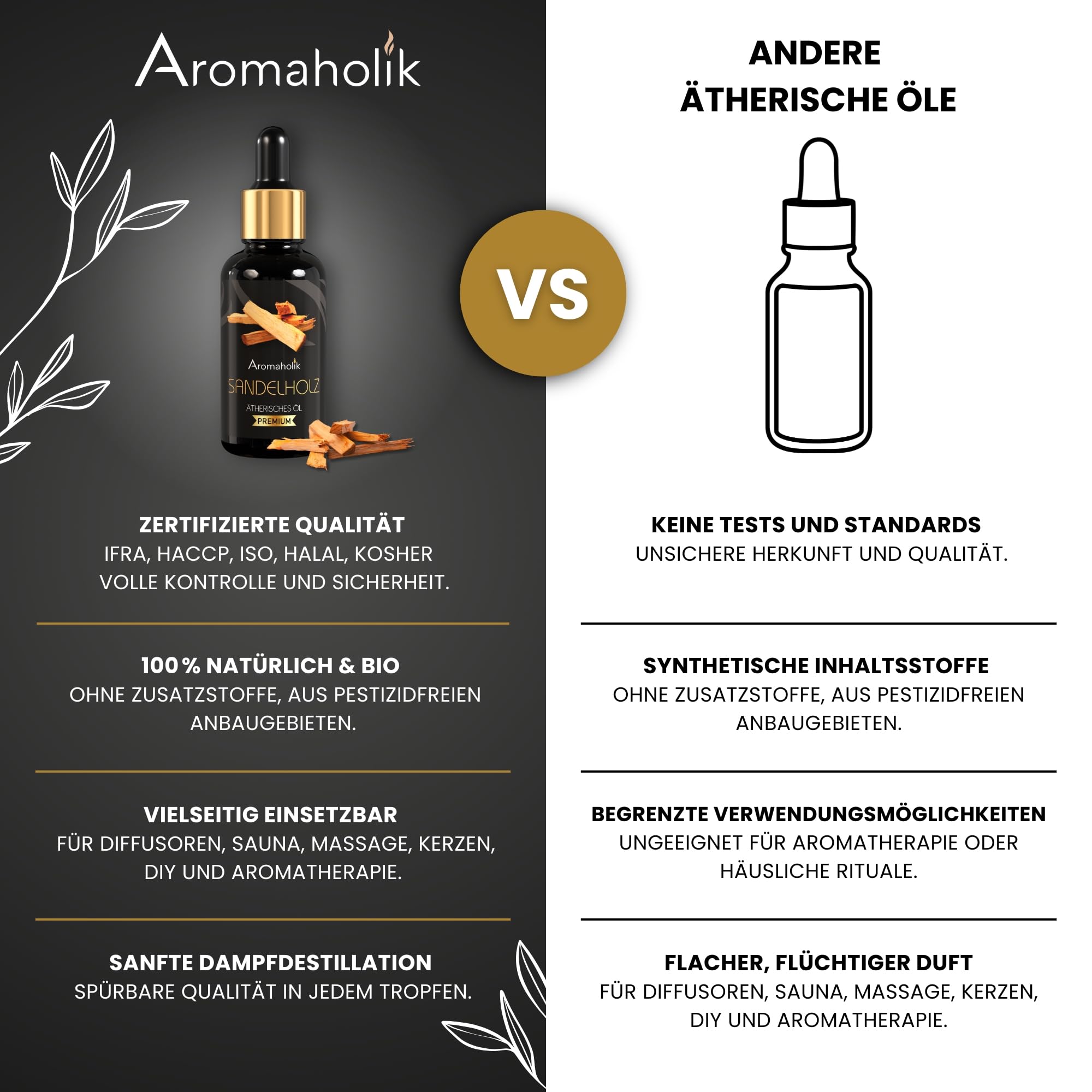 Premium reines natürliches Sandelholzöl – 100 % pures ätherisches Öl, BIO, organisch – zur Herstellung ätherischer Öle, Kerzen, Seifen, DIY – Sandalwood Essence 1L, Aromaholik