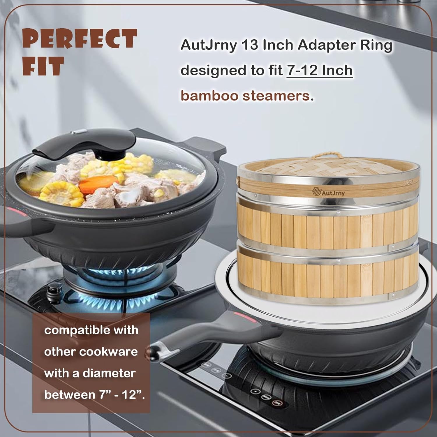 Stainless Steel Steamer Ring | 13 Inch, Fits 7 to 12 Inch Bamboo Steamer | Steaming Adapter for Steam Pot, Asian Food, Dumpling, Dim Sum, Rice, Veggie for Cooking Basket - Image 2