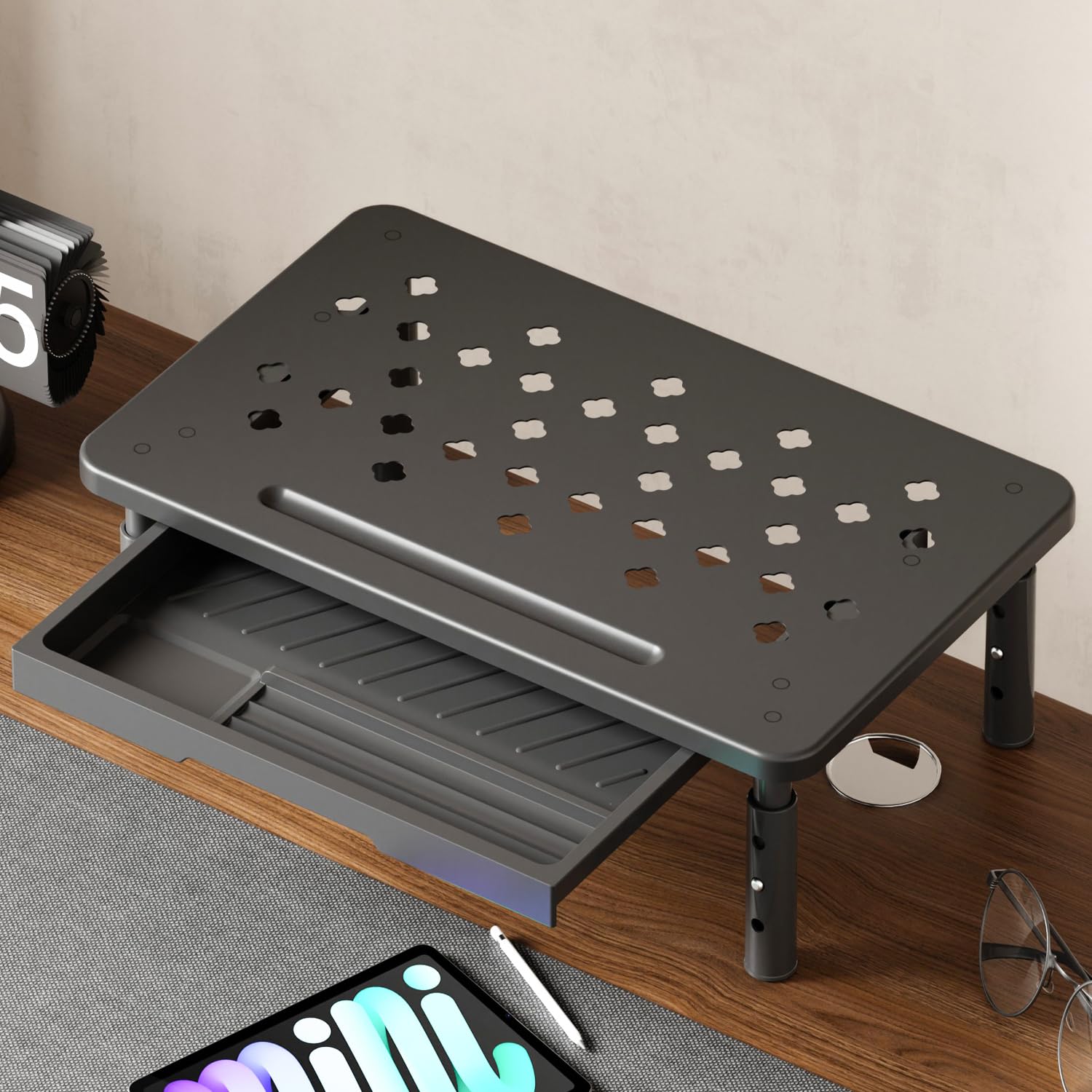 Elevador Monitor de Metal,Soporte Monitor Escritorio con Cajón,3 Alturas Ergonómicas Ajustables Elevador Pantalla Ordenador para Monitores,Ordenador Portátil,Impresora,Capacidad hasta 20 kg