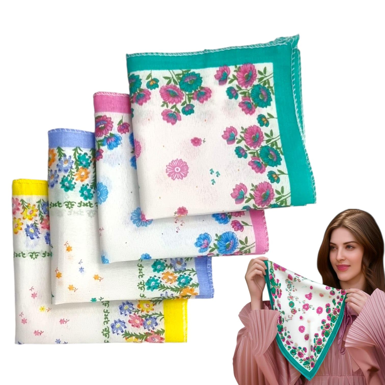 Pack of 4 Pure Cotton Handkerchief for Women & Girls – Soft & Gentle, Floral Designs Printed Ladies Hanky – Washable, Reusable