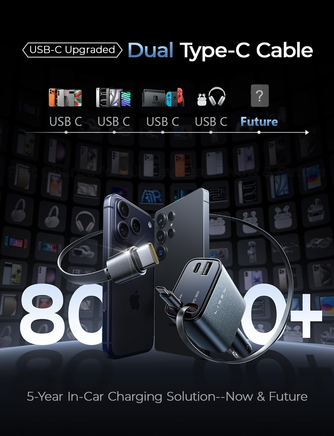 LISEN Retractable Car Charger USB C [Upgraded Dual Type C] 75W Fast 4 in 1 Car Charger for iPhone 17, Gifts for Him Her Men Women, Car Accessories for Galaxy S25 S26 Phone 17 Pro Max 16 15