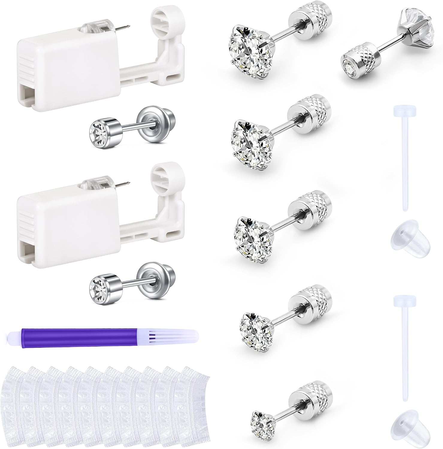 AVYRING Ear Piercing Kit Stainless Steel Ear Piercing Gun with Flat Screwback Studs Earring Gun Piercing Kit Half Cartilage 2-6MM Zircon Screw Back Earrings for Women Disposable Ear Piercing Kit