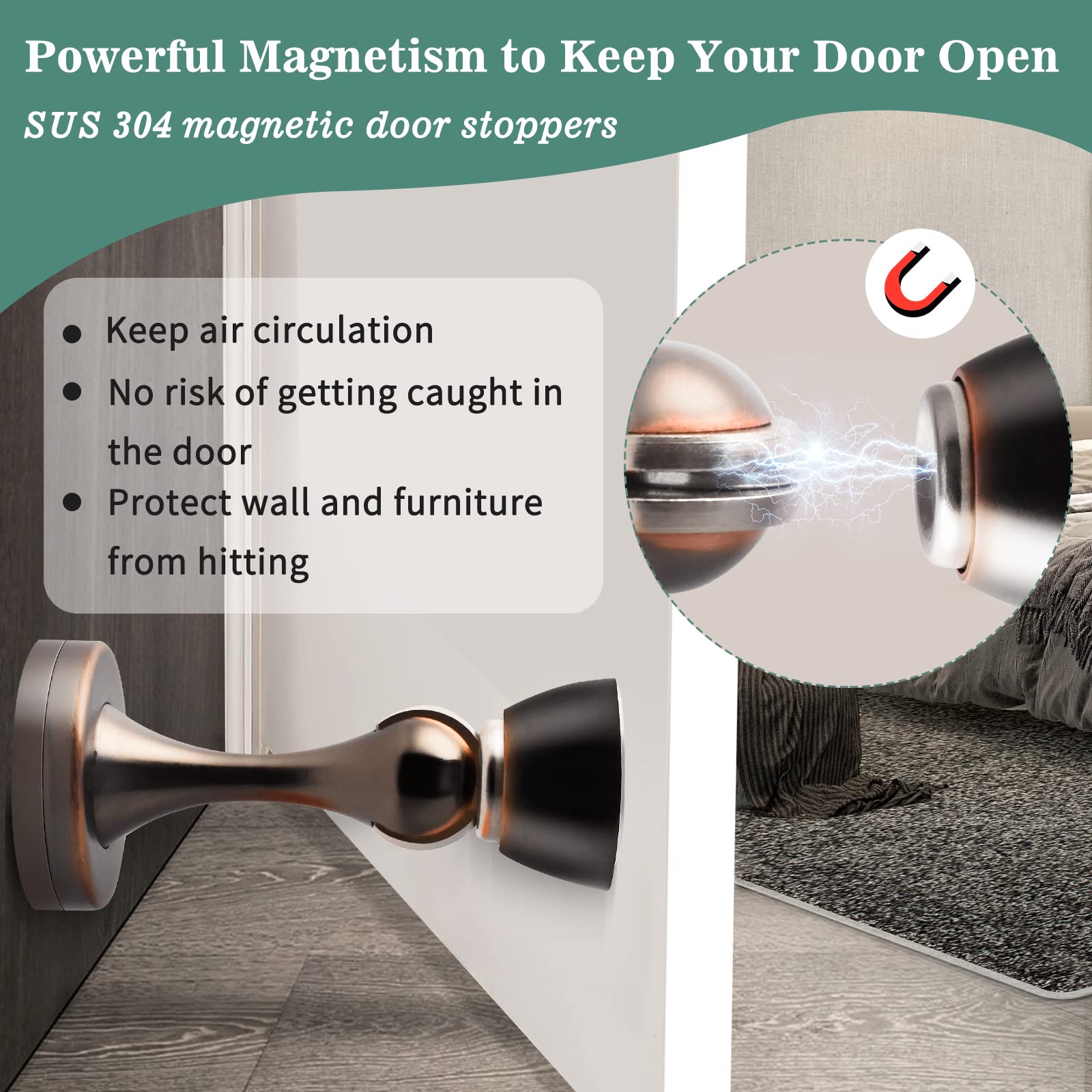 HUTLON Magnetische Türstopper, ölgeriebener Bronze-Edelstahl, robuste Wand-Bodenmontage, Magnet-Türhalter, weicher Verschluss, 6 Stück