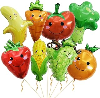 8 Pack Gaint Fruit Vegetable Foil Balloons Cute Helium Mylar Strawberry Grape Banana Orange Corn Carrot Tomato Broccoli Balloons for Theme Birthday Party Decorations Supplies