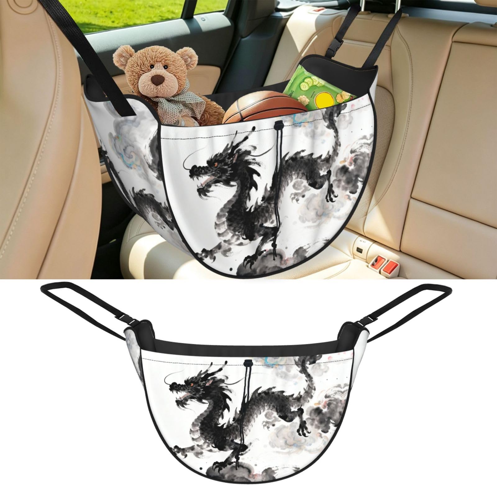 Cntdbu Black Ink Dragon Pattern Car Seat Organizer-Backseat Storage Bag For Travel