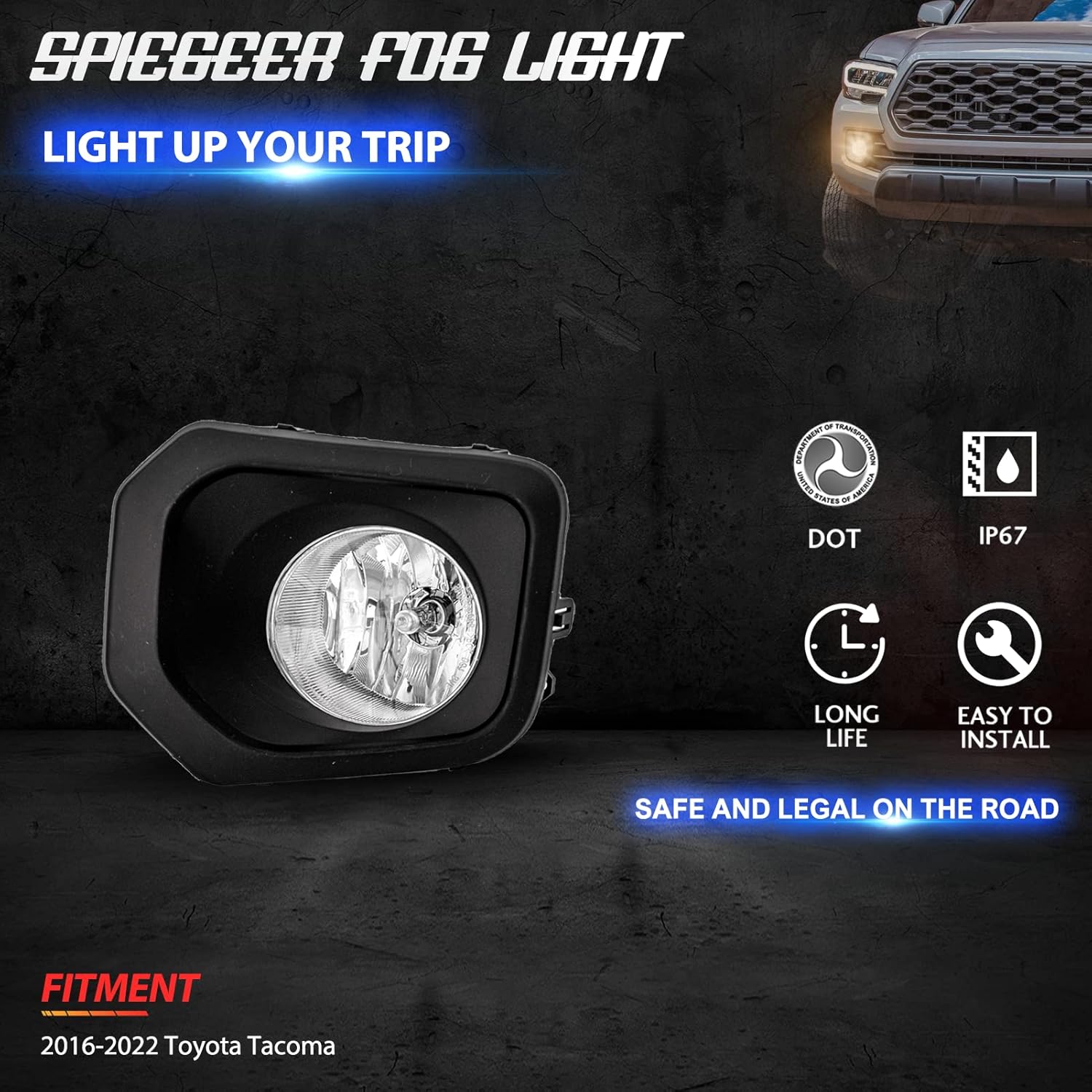 Fog Lights Assembly For 2016 2017 2018 2019 2020 2021 2022 Toyota Tacoma Replacement Fog Lamps with Wiring & Switch H16 12V 19W Halogen Bulb Clear Lens