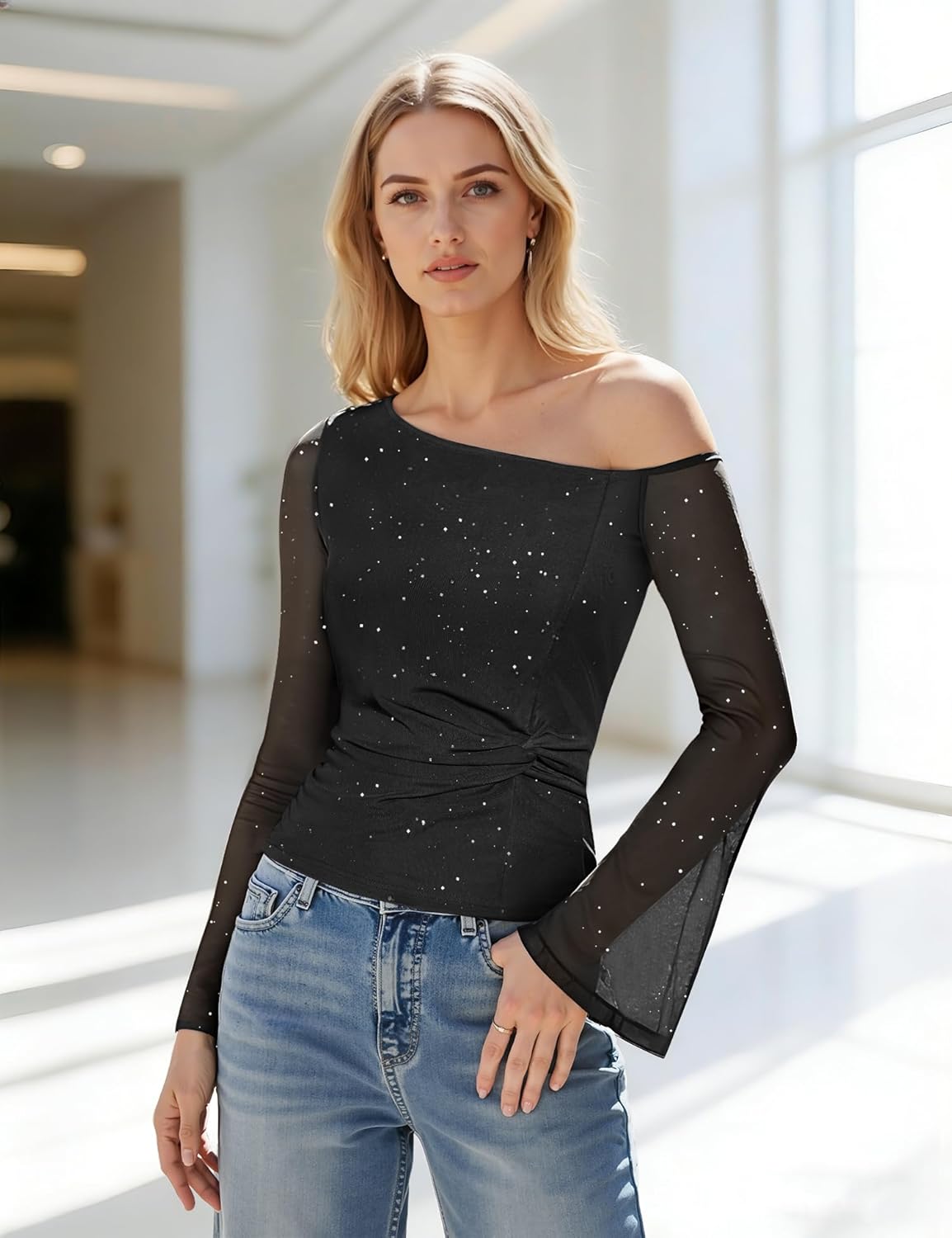 Aupuls Womens Sparkly Tops Bell Sleeve Off Shoulder Top Clubwear Outfits Sequin Christmas Shirt AUPG031 Black L - Image 2