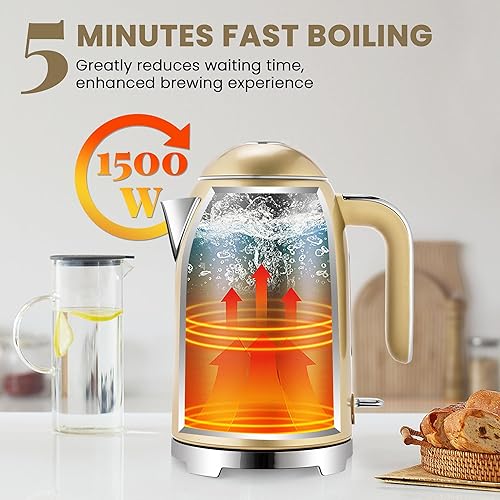 Miniatura 3 de SUSTEAS Hervidor eléctrico  Hervidor de té eléctrico de 57 onzas, hervidor de agua caliente de acero inoxidable de calentamiento rápido de 1500 W,