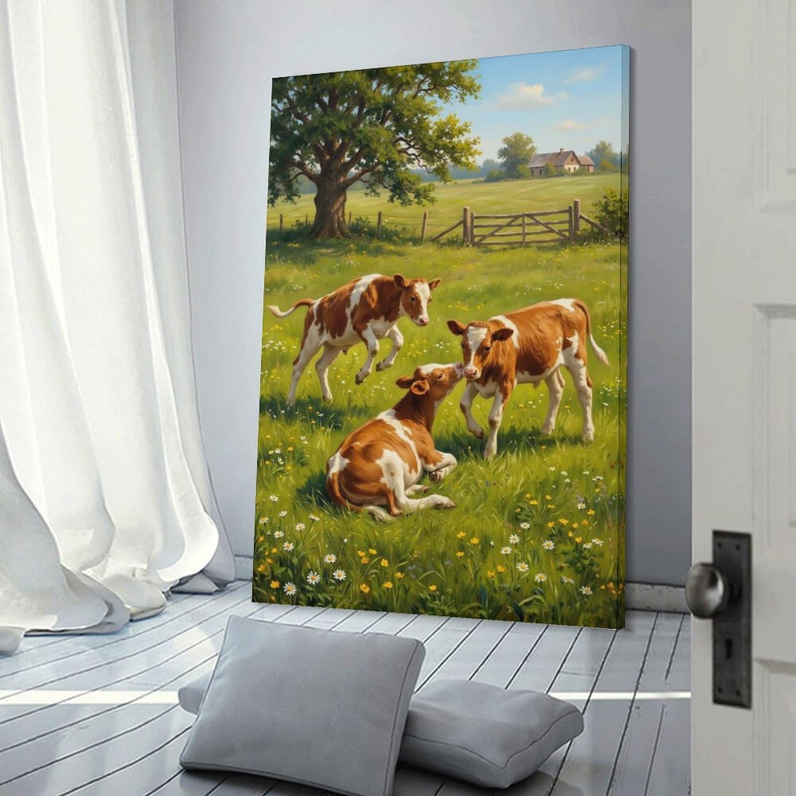 Junmoney Decorative Canvas Print Calves Playing in A Summer Meadow, 24x36inch(60x90cm), for New Homes, Bedrooms Or Workspaces, Thoughtful Wall Decor for Art Lovers