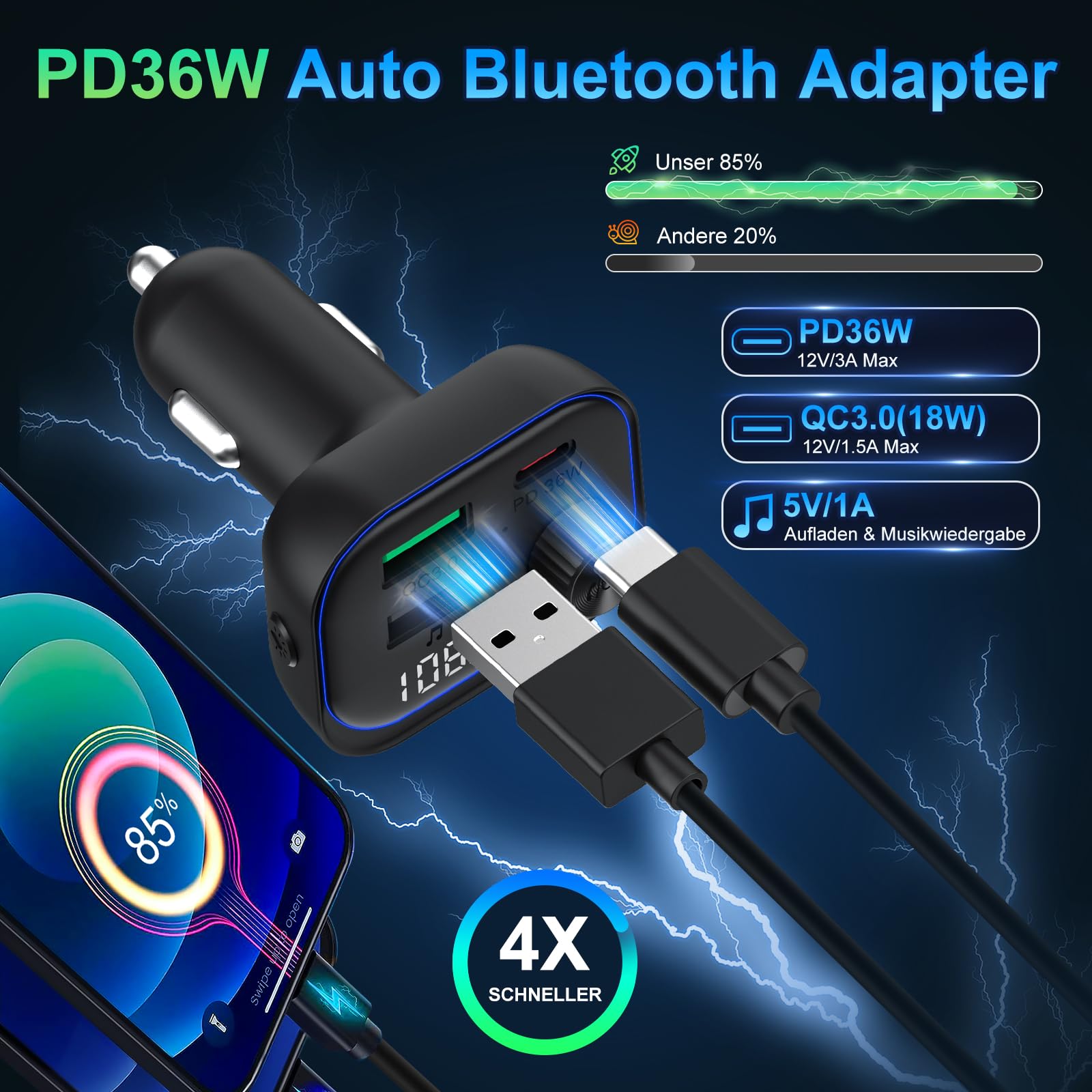 Bluetooth samochodowy nadajnik FM, adapter Bluetooth do zapalniczki samochodowej PD 36 W USB C, QC3.0 18 W, szybka ładowarka BT 5.3, HiFi, odtwarzacz muzyki, radio, zestaw głośnomówiący, obsługuje