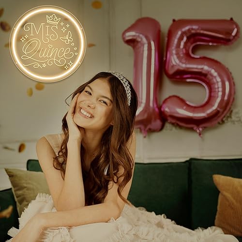 Miniatura 2 de Letrero de neón con texto en inglés "Mis Quince" para pared, 15 luces LED de neón con interruptor regulable, letras de neón para dormitorio,