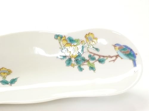 Miniatura 4 de kutani hyakkaen kutaniyaki Ware plato largo pájaro y árbol hazaña.Base decorada