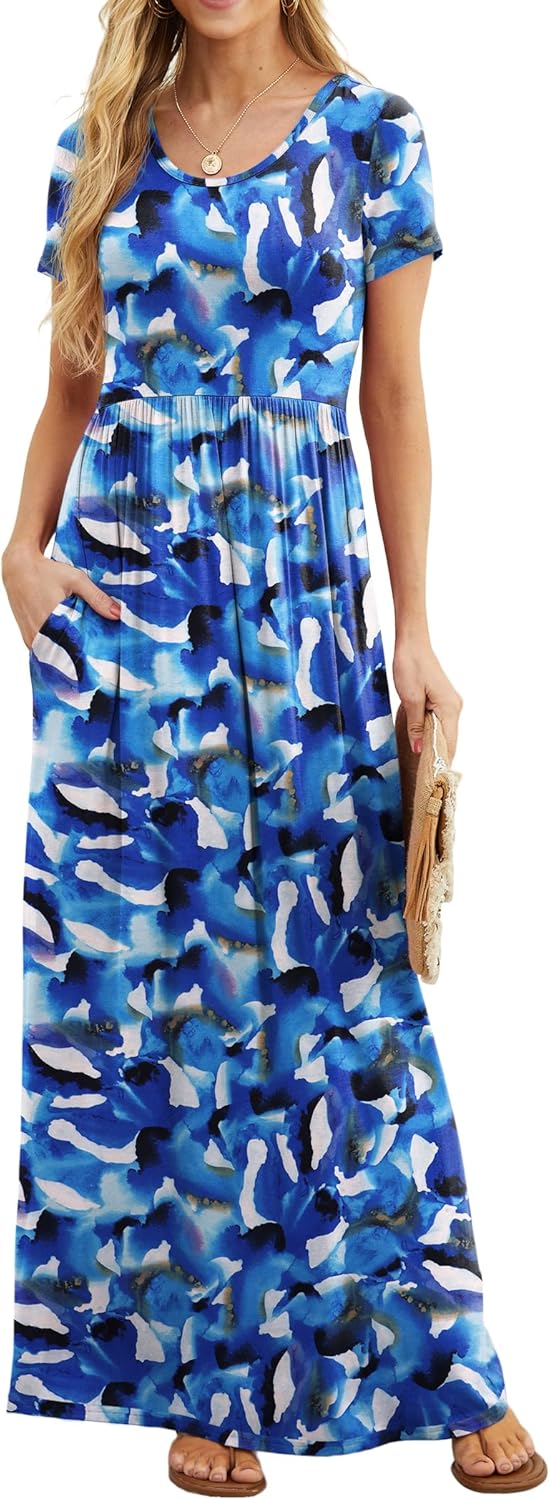 GRECERELLE Women Summer Casual Maxi Long Dress Short Sleeve Crew Neck with Pockets, Size S-3XL