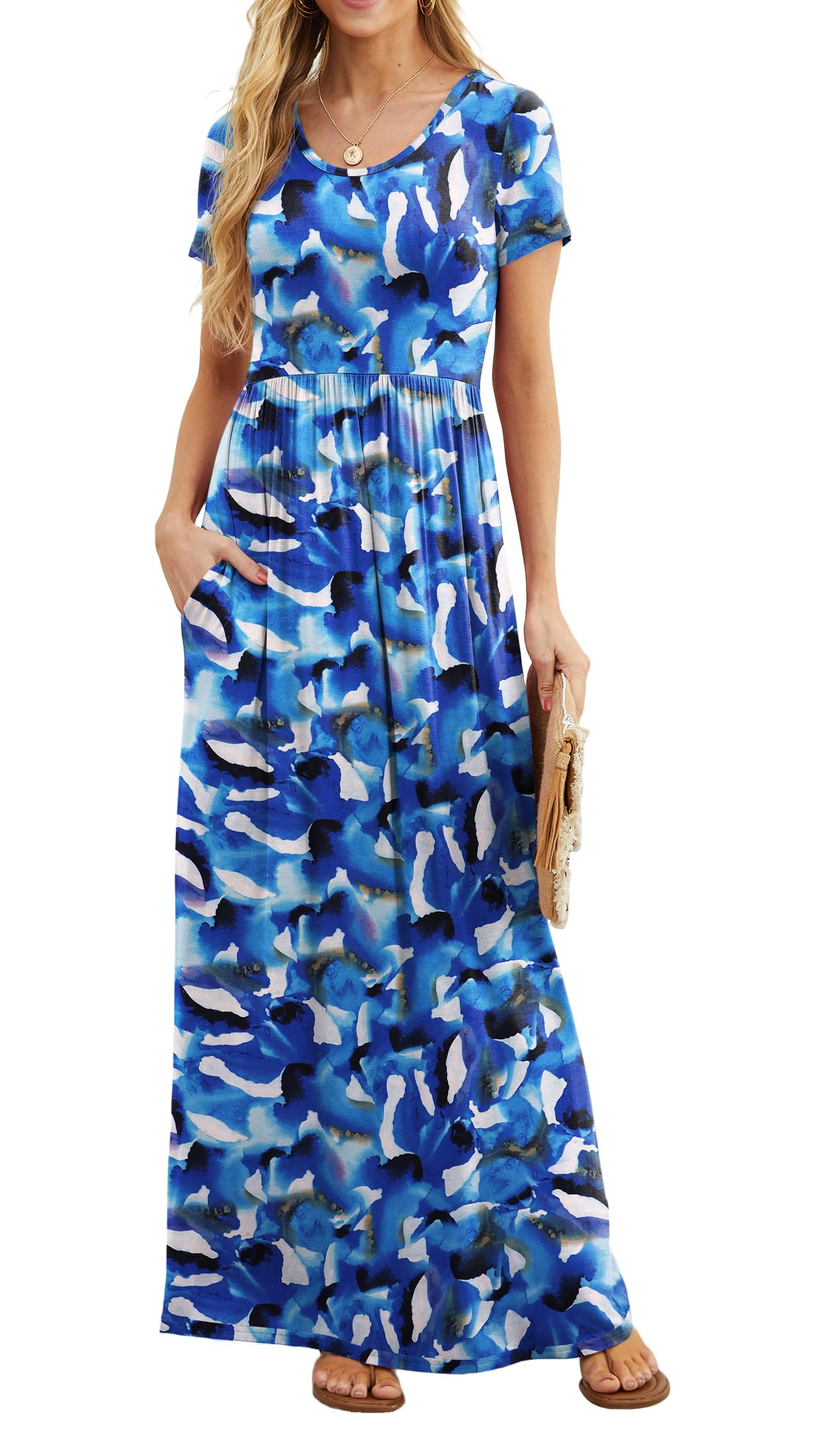 GRECERELLE Women Summer Casual Maxi Long Dress Short Sleeve Crew Neck with Pockets, Size S-3XL