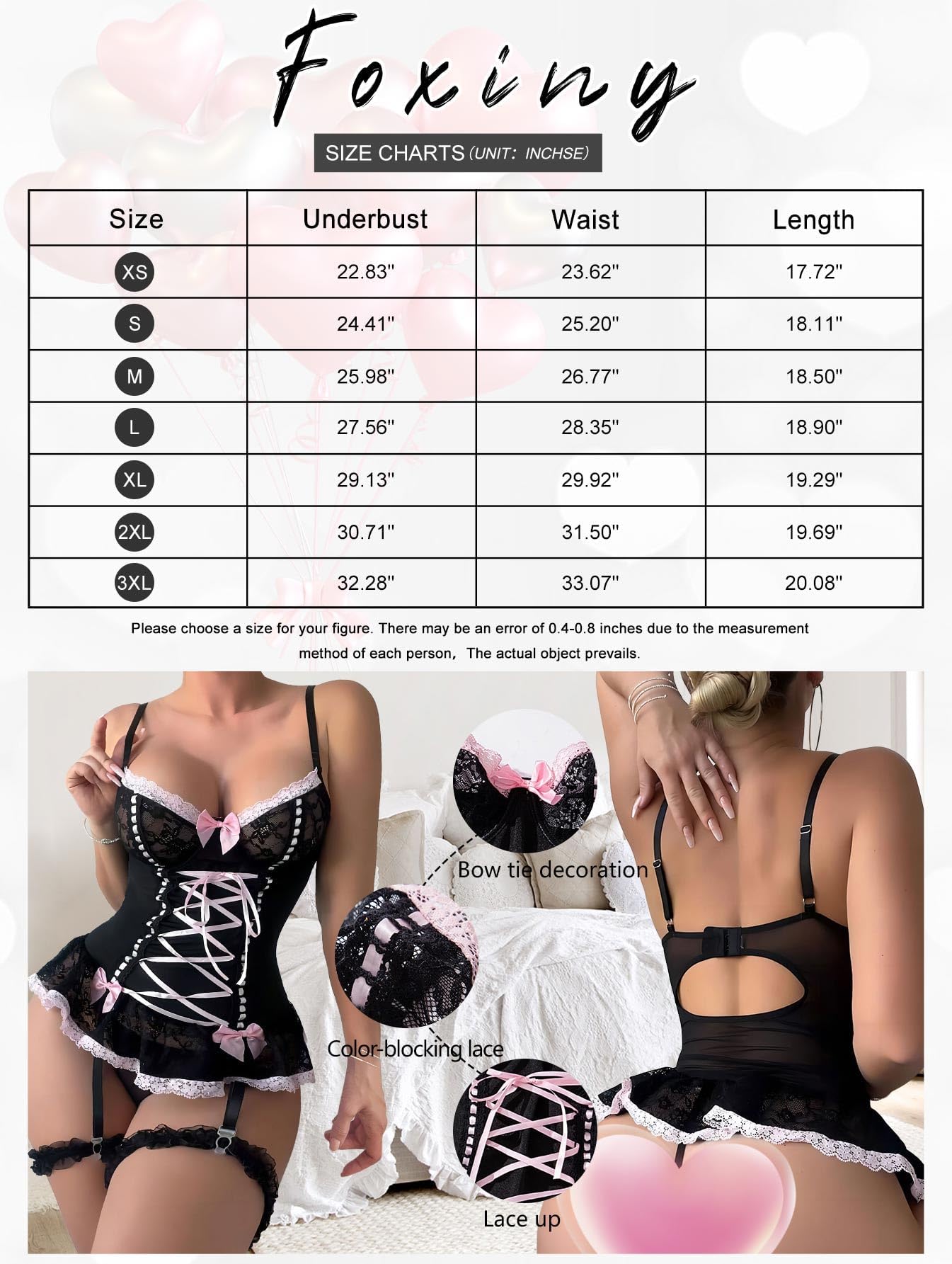 Foxiny Sexy Rave Mesh Corset Ruffle Lace Up Underwire Sheer Garter Belt Babydoll Lingerie Set With Thong 3 Piece Women: Regular Medium Black