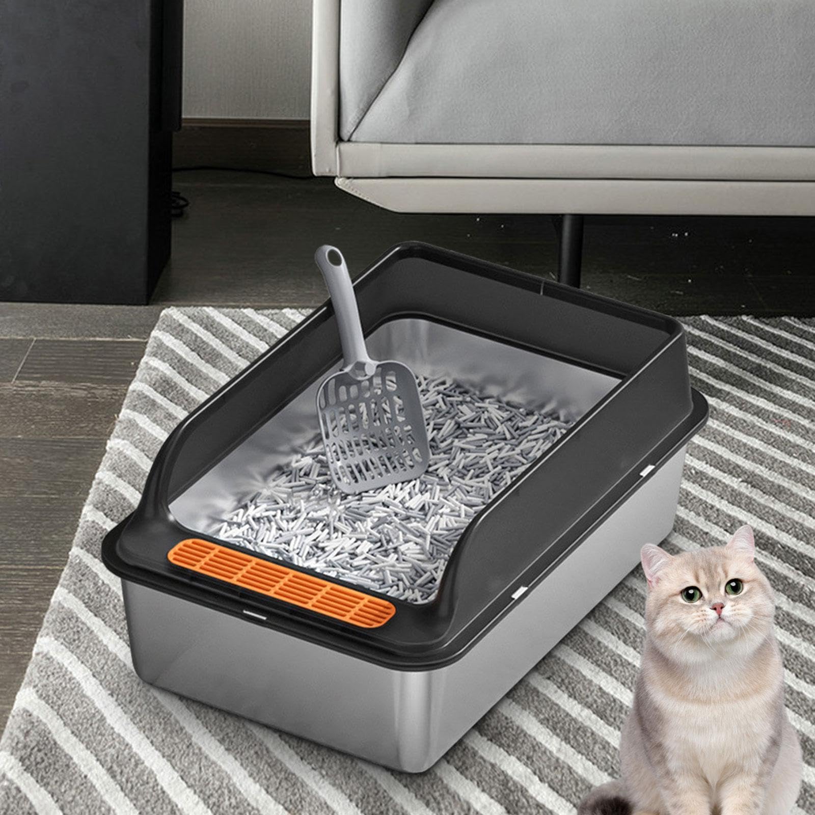 Katzenklo Edelstahl Katzenstreu Litter Pan mit Abnehmbarem Rahmen Katzen Toilette Katzen Sandkasten rutschfeste Matte für Kätzchen Große Katzen Und in, Schwarz