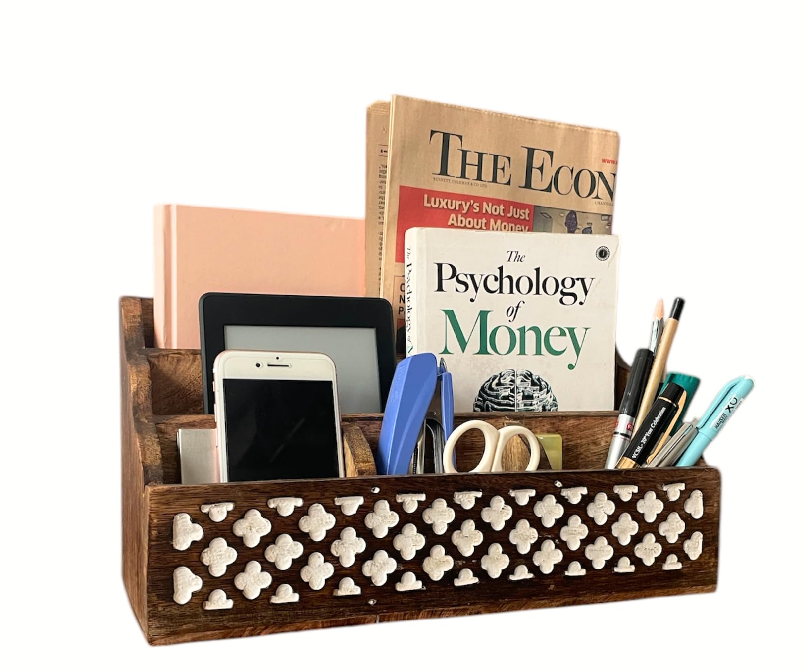 Mie Creations Wooden Office Mail Organizer for Desk Table, Vintage Wood Stationery Storage Pen Holder Desktop Accessories, 5 Compartments Bill Sorter, 13'' Large Caddy for Home, Art Supplies- White