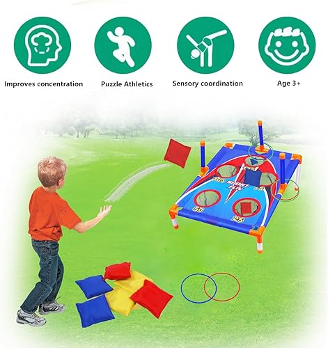 Miniatura 4 de Juego de lanzamiento de bolsas de frijoles para niños, cornhole para niños, con 6 sacos de arena, 6 anillos, adecuado para niños de 3 a 8 años,