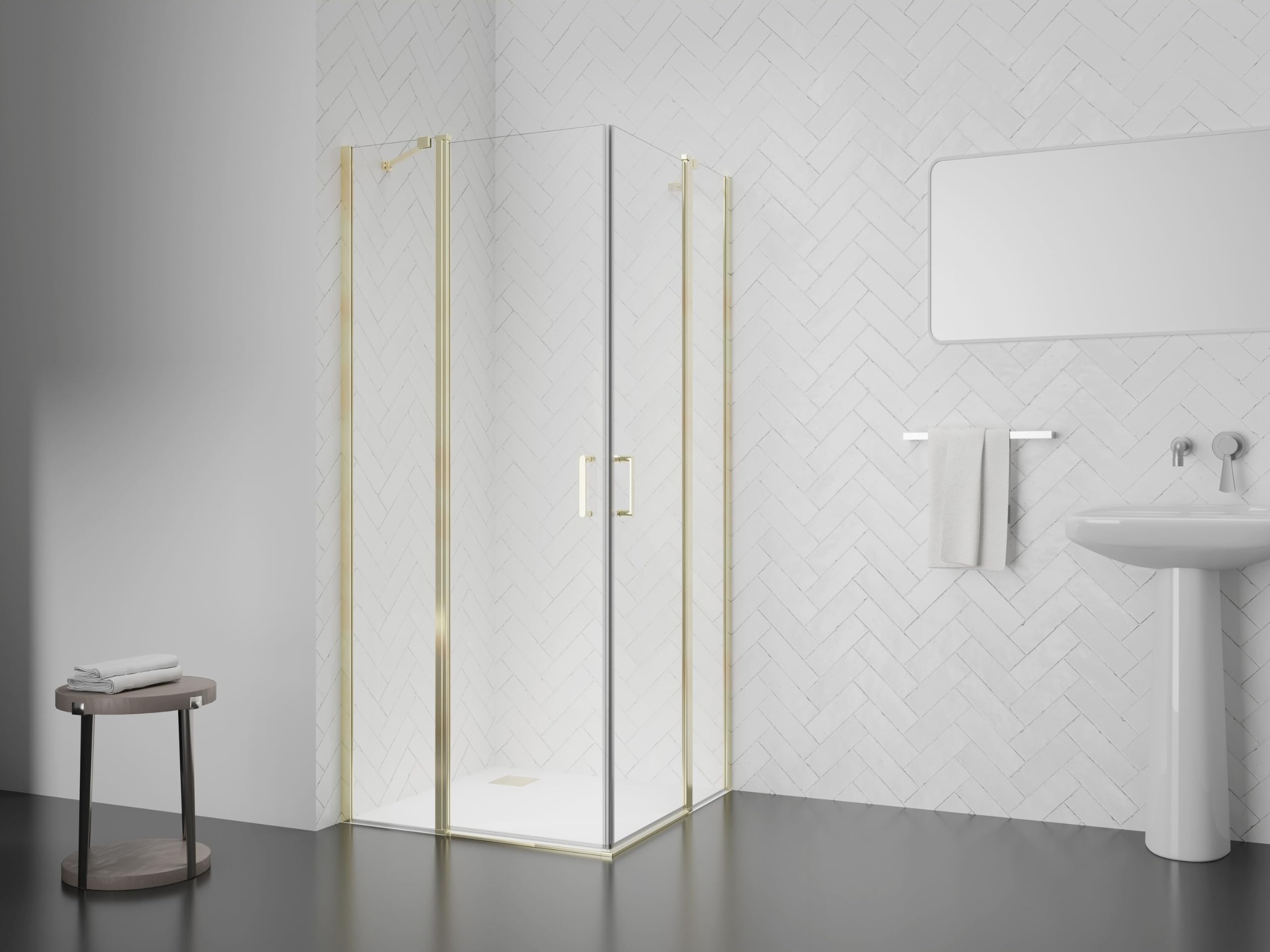Kabina prysznicowa 90 x 90 x 195 cm – złota, drzwi obrotowe po obu stronach, szkło hartowane ESG 6 mm, Easy Clean, mechanizm podnoszący, uchwyt stabilizacyjny, regulowany profil ścienny, zamknięcie