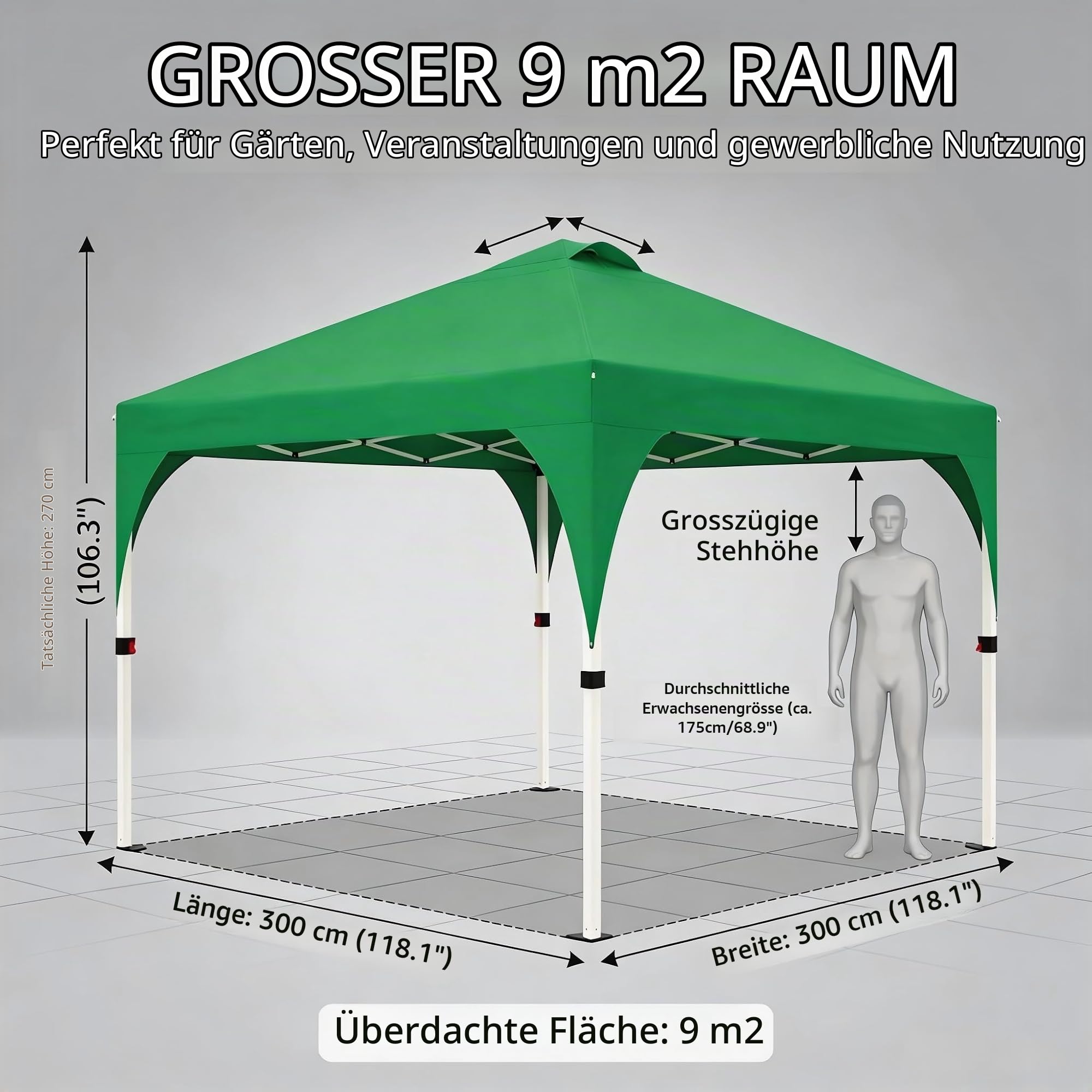 GarveeHome Pop Up Pavillon 3x3m, Wasserdicht Stabil Faltpavillon, Oxford Stoff 150D UV Schutz 50+ Partyzelt für Camping Party, Extremes Wetter Stufenlos Höheverstellbar 260 bis 280cm, Grün