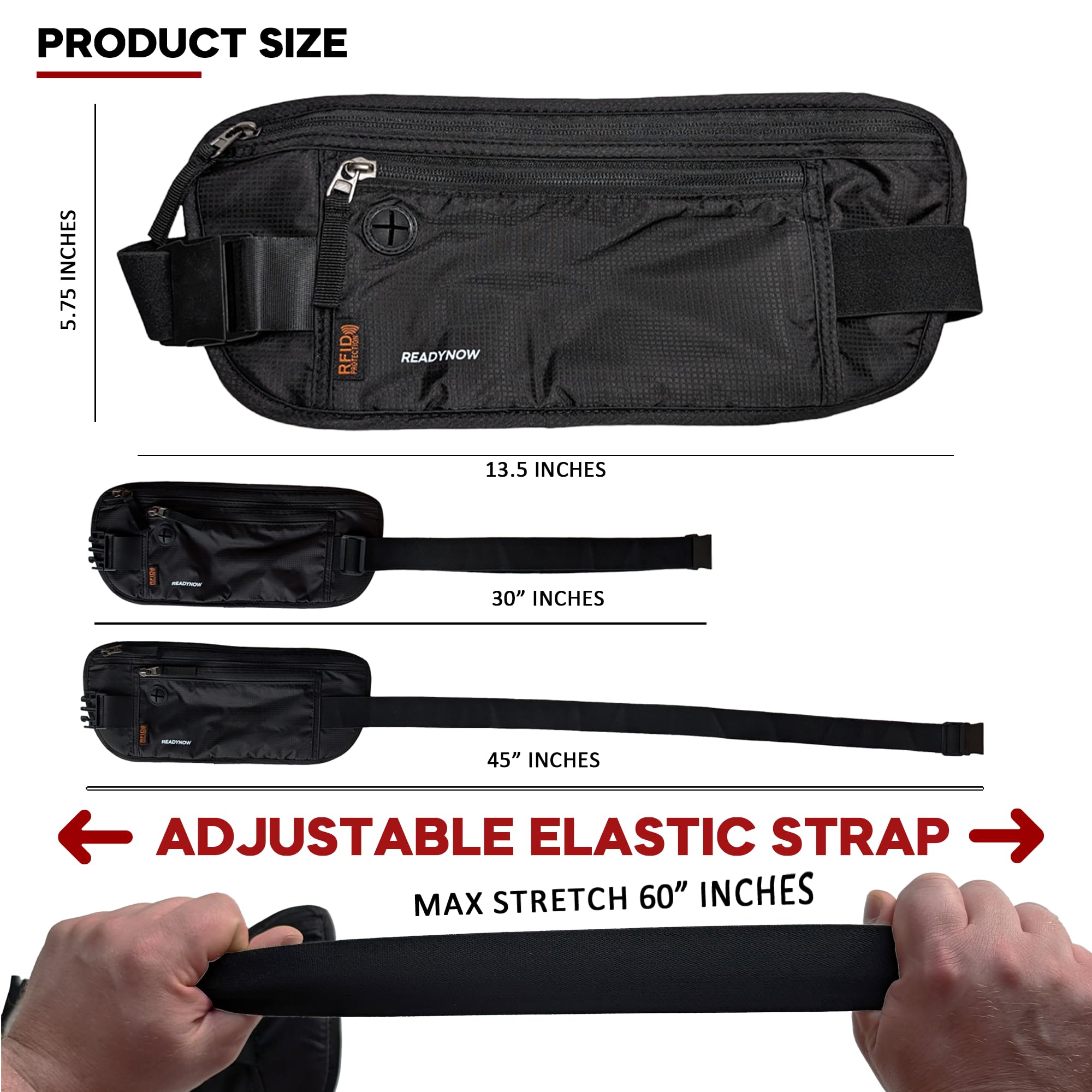 Cinturón de dinero de viaje con bloqueo RFID, bolsillo oculto para pasaporte para efectivo, teléfono, tarjetas de crédito y protección de documentos, 13.5 x 5.75 x 0.31 pulgadas